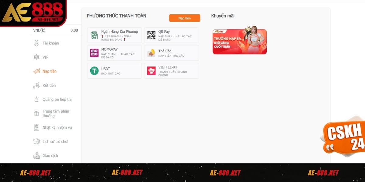Các phương thức nạp tiền phổ biến tại website AE888
